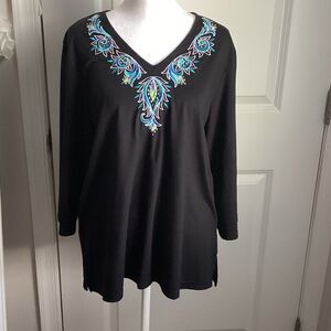 Bob Mackie Black Tunic with Teal, Blue and Lime Embroidery